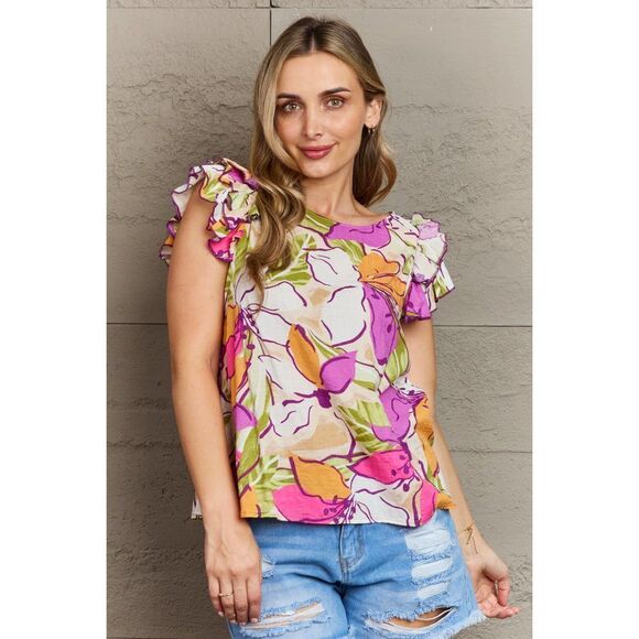 Geegee Lovely Luxuries Floral Print Ruffle Sleeve Top - Picture 1 of 6